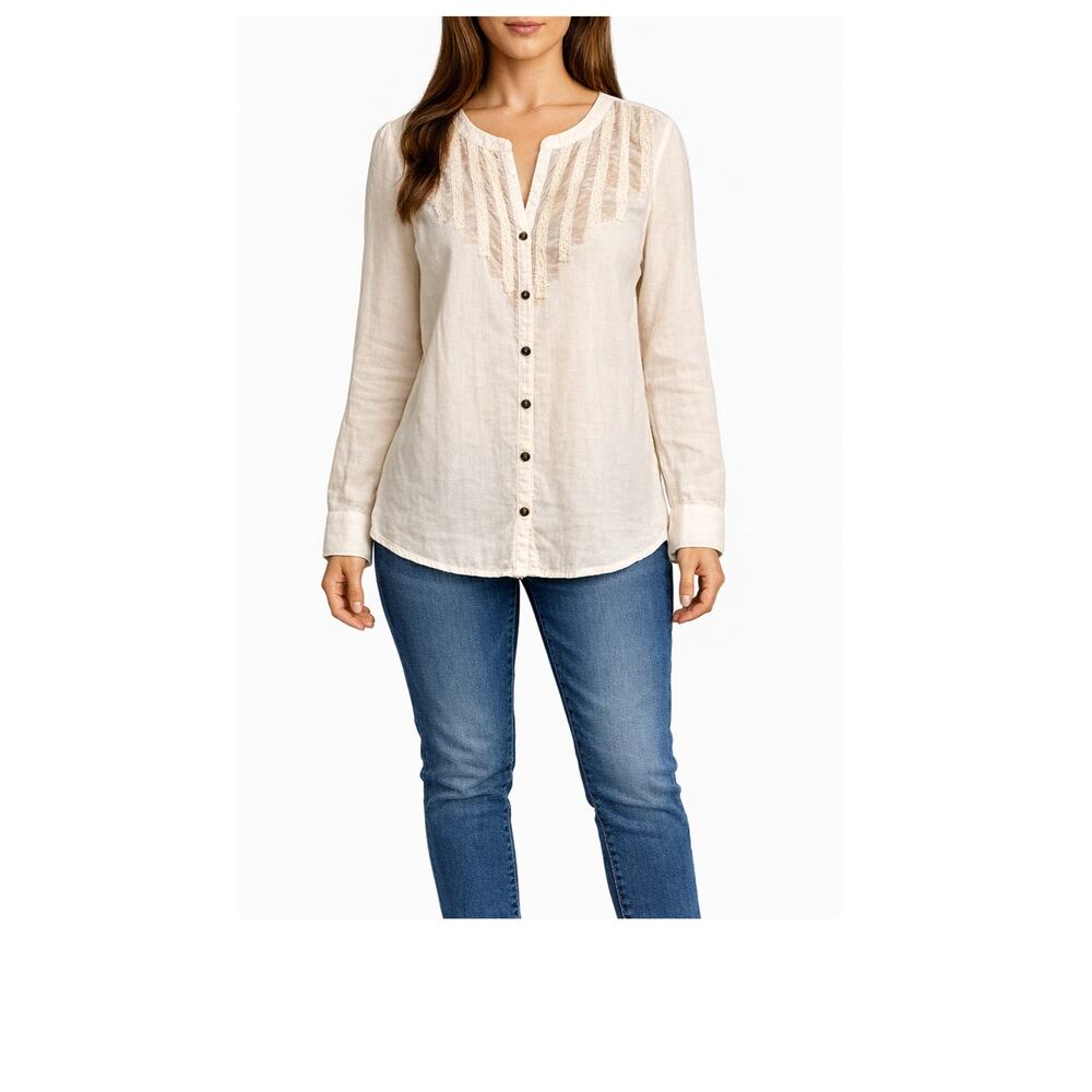Free People Top Womens Size S White Cotton Long Sleeve Roll Tab Boho Lightweight